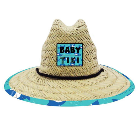 Baby Tiki’s Shark Life Straw Hat with Draw String. Available in Baby/Toddler and Child sizes.